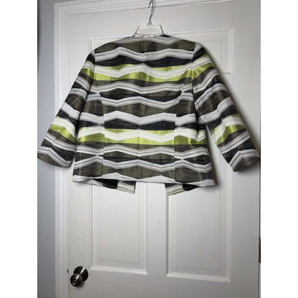 Kasper Womens 14 Green/Brown/Cream Striped Textured Open Collarless Blazer - Picture 3 of 8